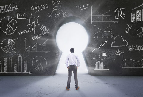 Asian Man Standing in Front of  Keyhole With Drawing Business Concept