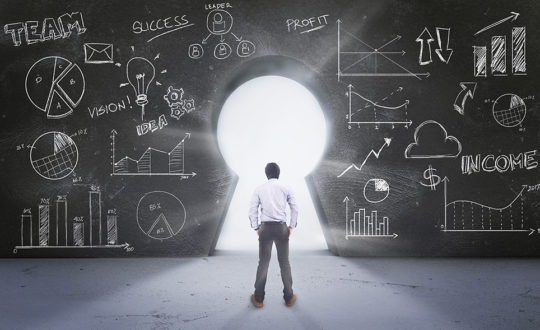 Asian Man Standing in Front of  Keyhole With Drawing Business Concept